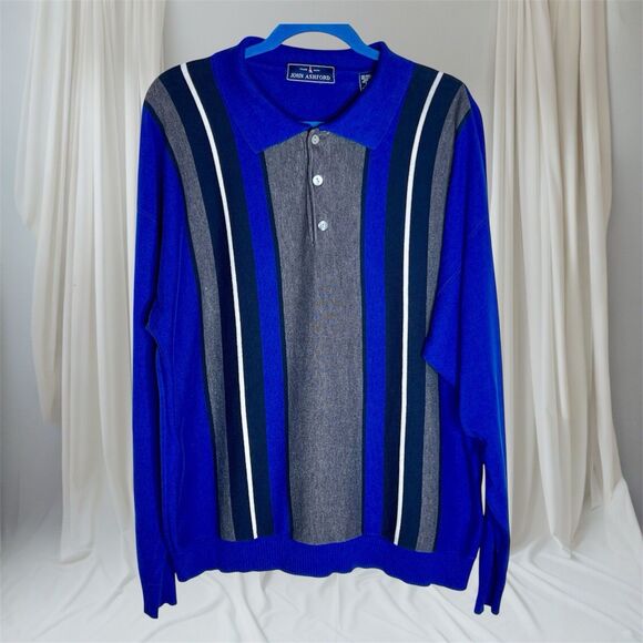 John Ashford Vertical Stripe Polo Shirt Mens Sz XXL Blue Grey Long Sleeves - Picture 1 of 8